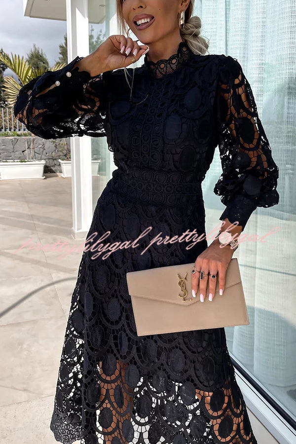 Vestido Helena – Midi de Renda de Crochê com Manga Lanterninha - Priya