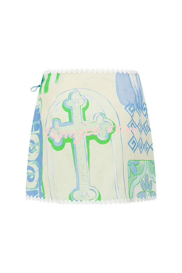 Conjunto Pierre – Camisa Estampada com Saia Envelope em Linho e Amarração Lateral - Priya