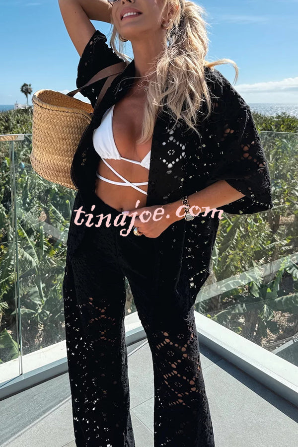Conjunto Holiday – Camisa Rendada com Flores + Calça Pantalona com Cintura Elástica - Priya