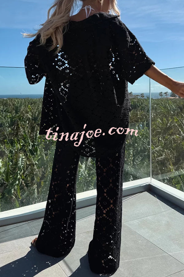 Conjunto Holiday – Camisa Rendada com Flores + Calça Pantalona com Cintura Elástica - Priya