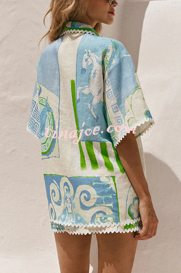 Conjunto Pierre – Camisa Estampada com Saia Envelope em Linho e Amarração Lateral - Priya