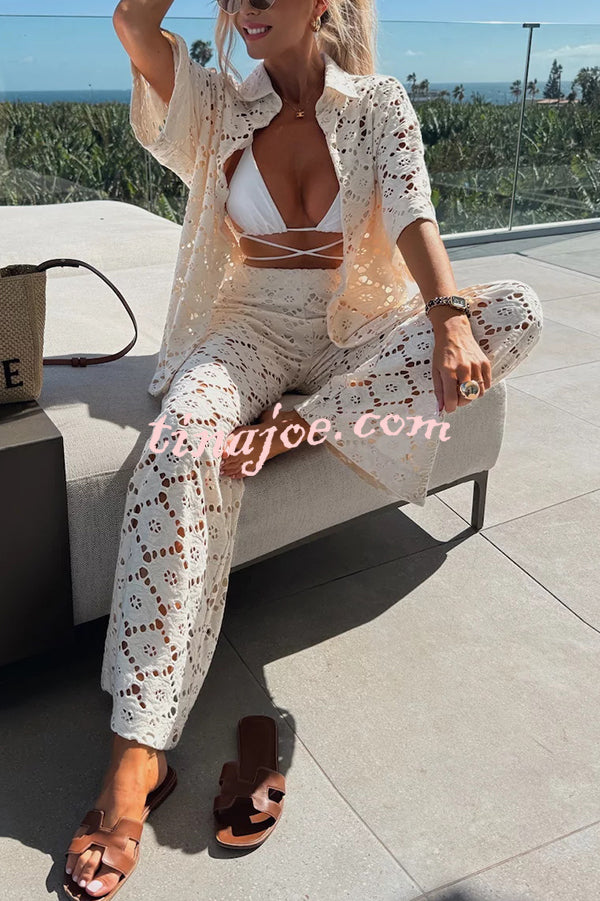 Conjunto Holiday – Camisa Rendada com Flores + Calça Pantalona com Cintura Elástica - Priya
