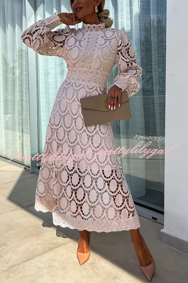 Vestido Helena – Midi de Renda de Crochê com Manga Lanterninha - Priya