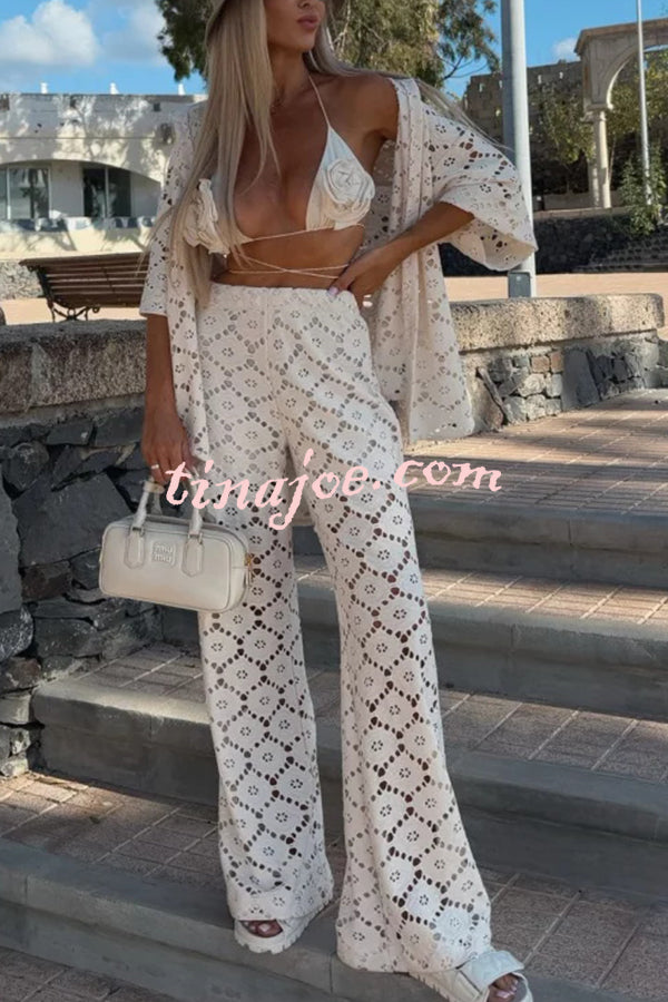 Conjunto Holiday – Camisa Rendada com Flores + Calça Pantalona com Cintura Elástica - Priya