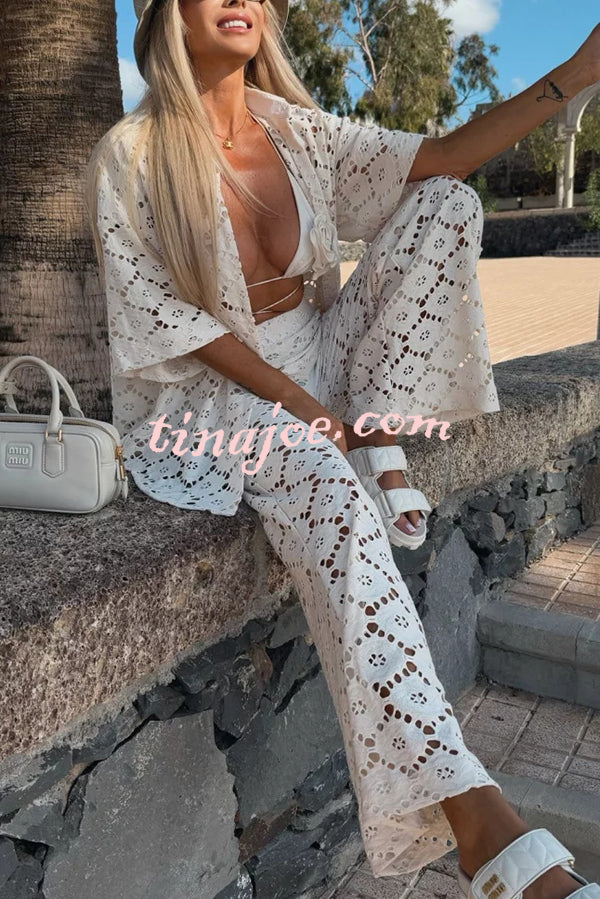Conjunto Holiday – Camisa Rendada com Flores + Calça Pantalona com Cintura Elástica - Priya
