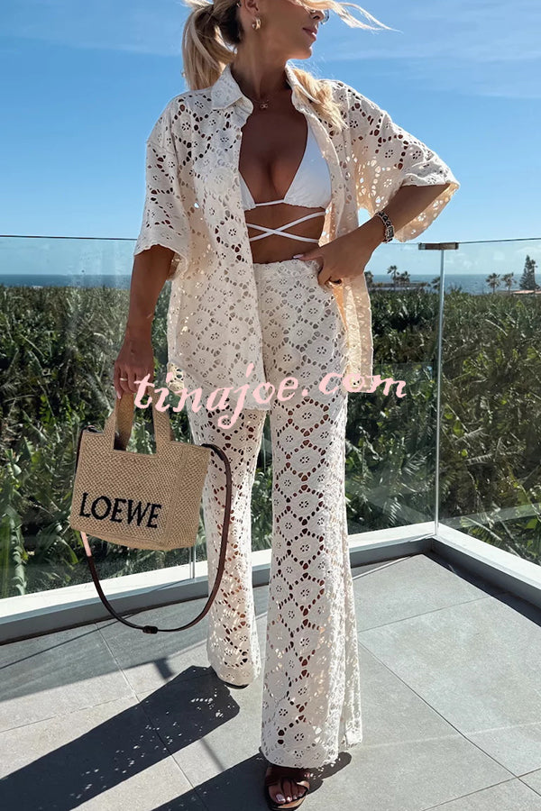 Conjunto Holiday – Camisa Rendada com Flores + Calça Pantalona com Cintura Elástica - Priya
