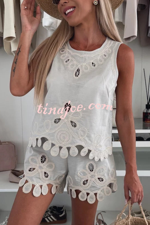 Conjunto Angie – Blusa Bordada Sem Manga + Shorts com Cintura Elástica - Priya