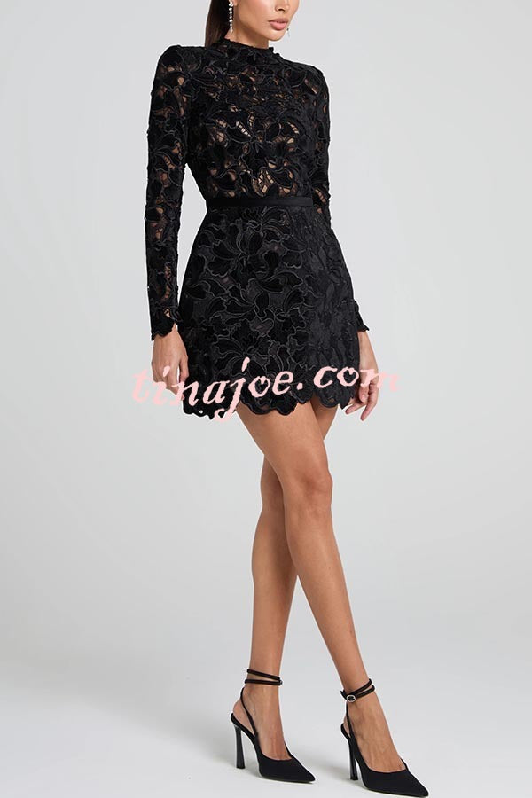 Vestido Lydia – Mini Tule com Renda Floral Bordada, Manga Longa e Cinto - Priya