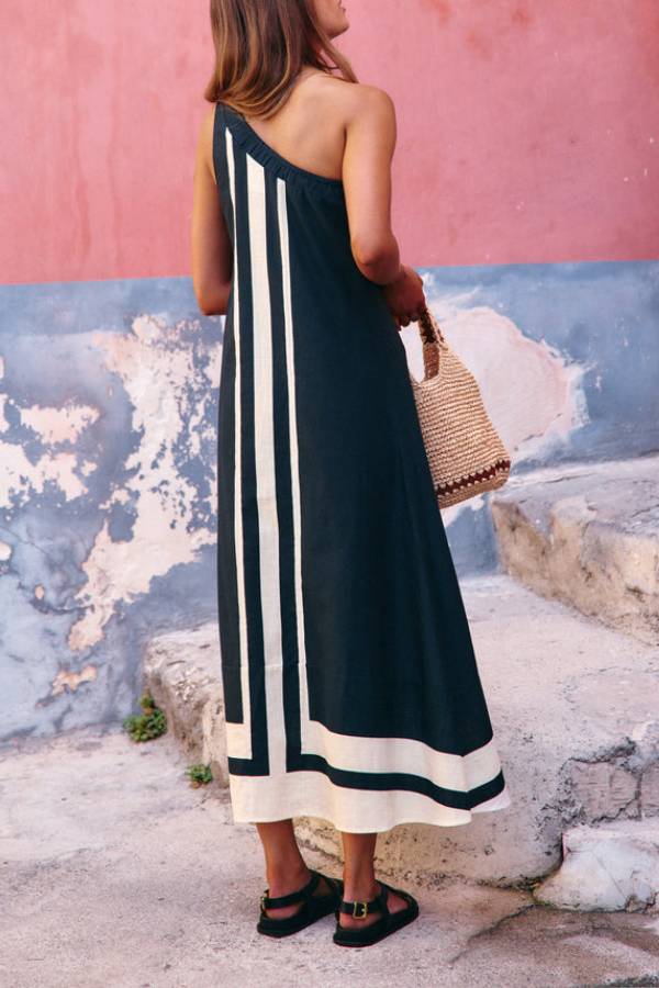 Vestido Grace – Midi Linho com Um Ombro e Detalhe Contrastante Priya - Priya