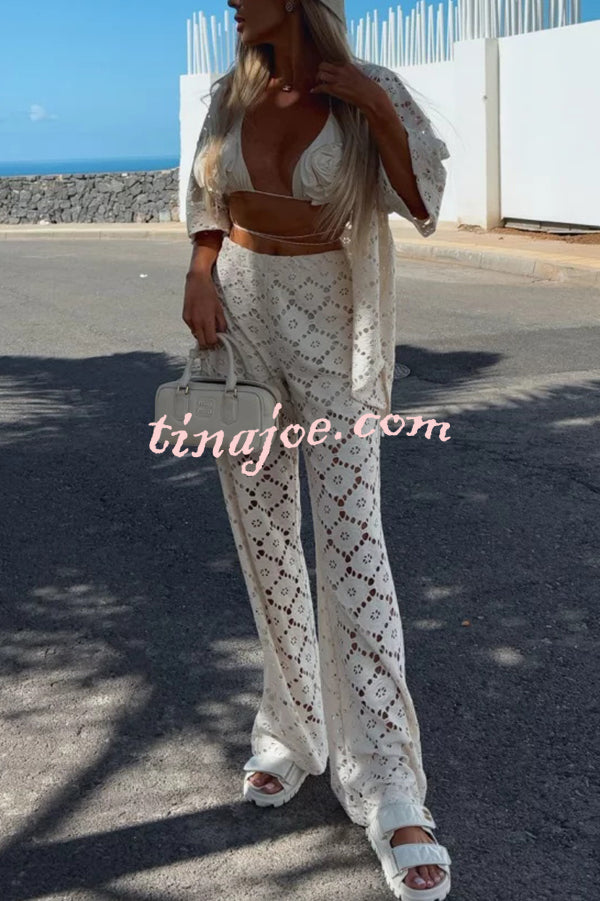 Conjunto Holiday – Camisa Rendada com Flores + Calça Pantalona com Cintura Elástica - Priya