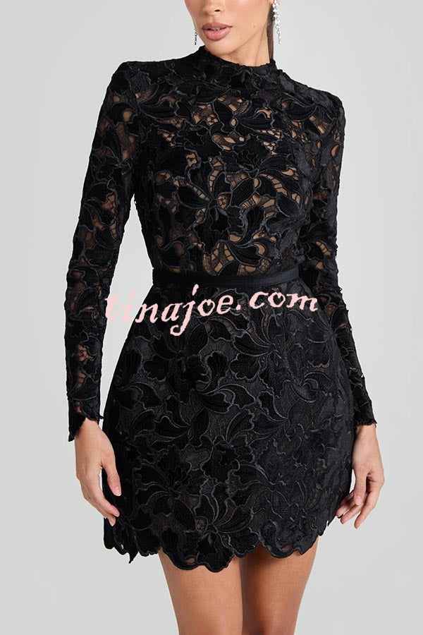 Vestido Lydia – Mini Tule com Renda Floral Bordada, Manga Longa e Cinto - Priya