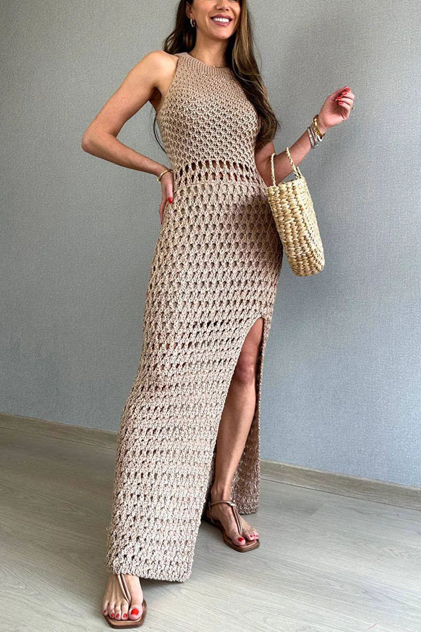 Vestido Sofie – Maxi Tricot Texturizado com Fenda e Decote Cavado - Priya