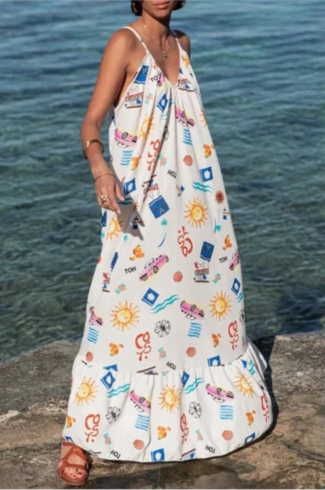 Vestido Longo Solto Marisol em Linho com Estampa Exclusiva e Modelagem Evasê - Priya