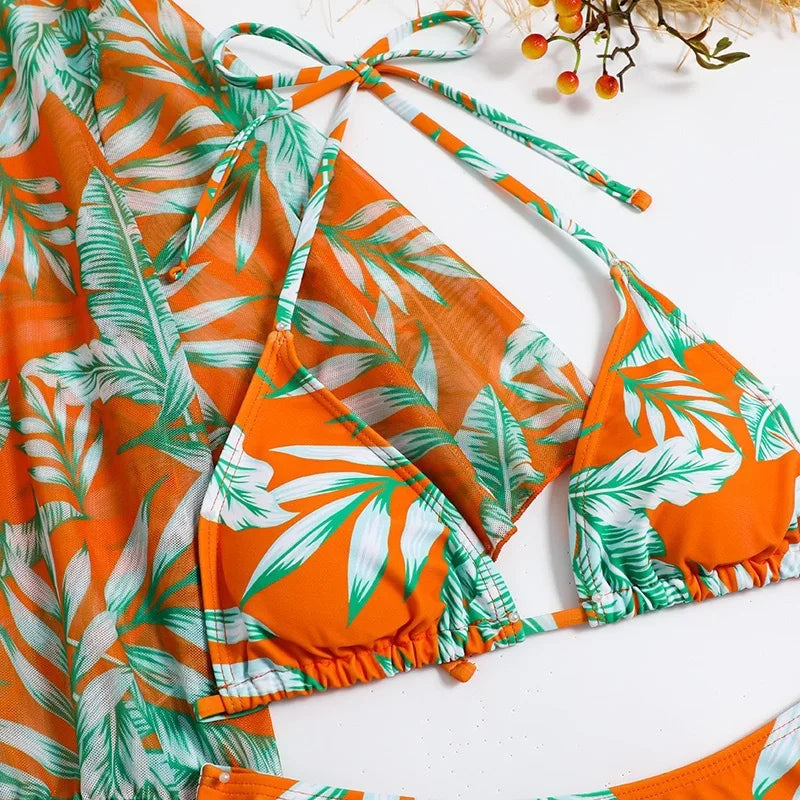 Biquíni de 3 Peças com Impressão Floral Areia Dourada - Priya