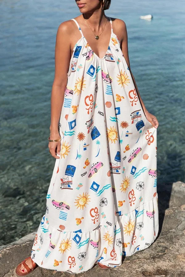 Vestido Longo Solto Marisol em Linho com Estampa Exclusiva e Modelagem Evasê - Priya