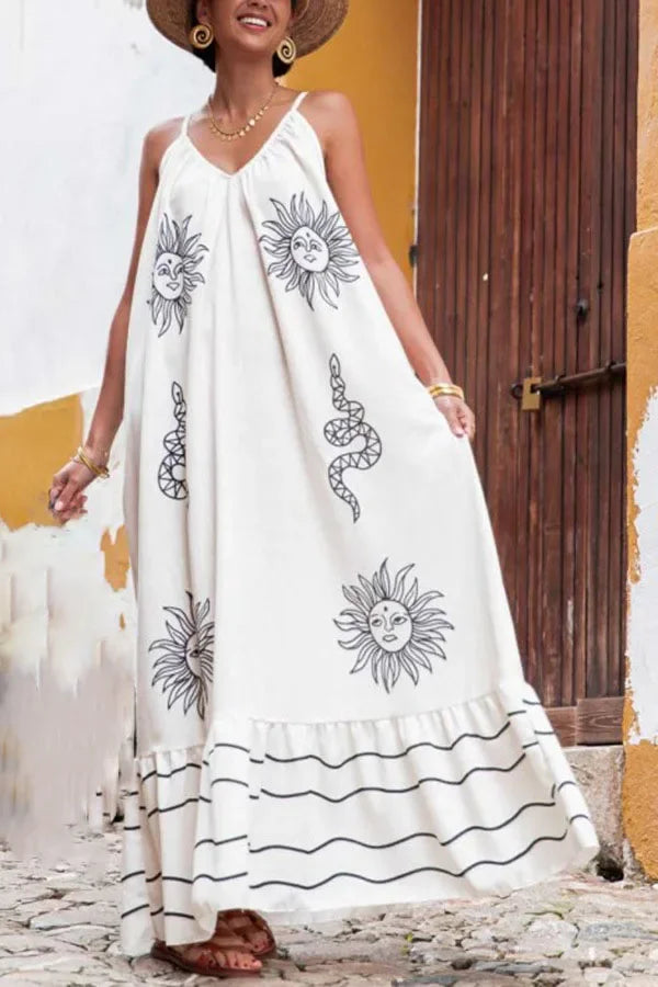 Vestido Longo Solto Marisol em Linho com Estampa Exclusiva e Modelagem Evasê - Priya