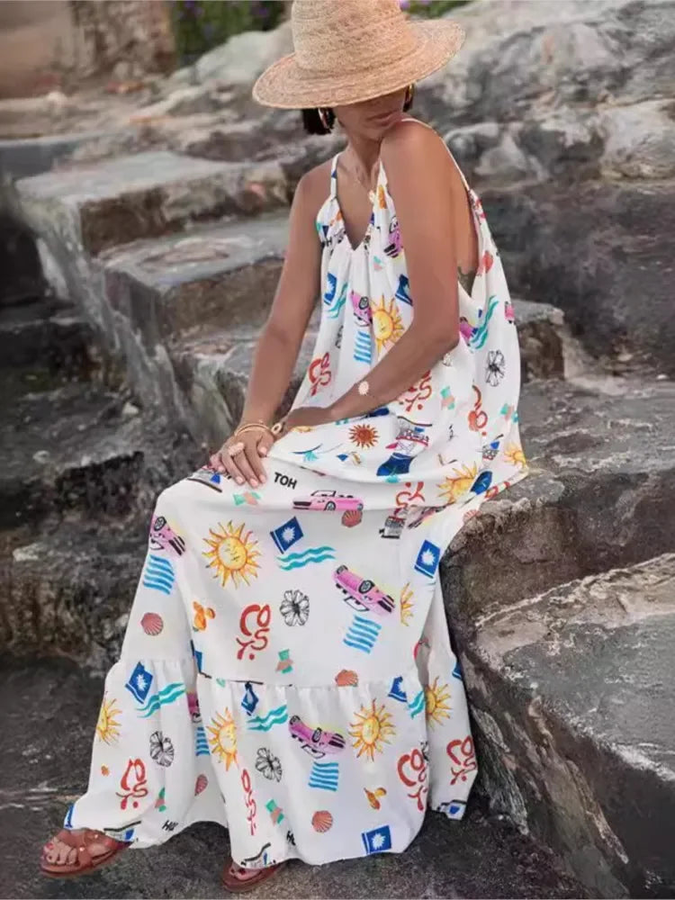 Vestido Longo Solto Marisol em Linho com Estampa Exclusiva e Modelagem Evasê - Priya