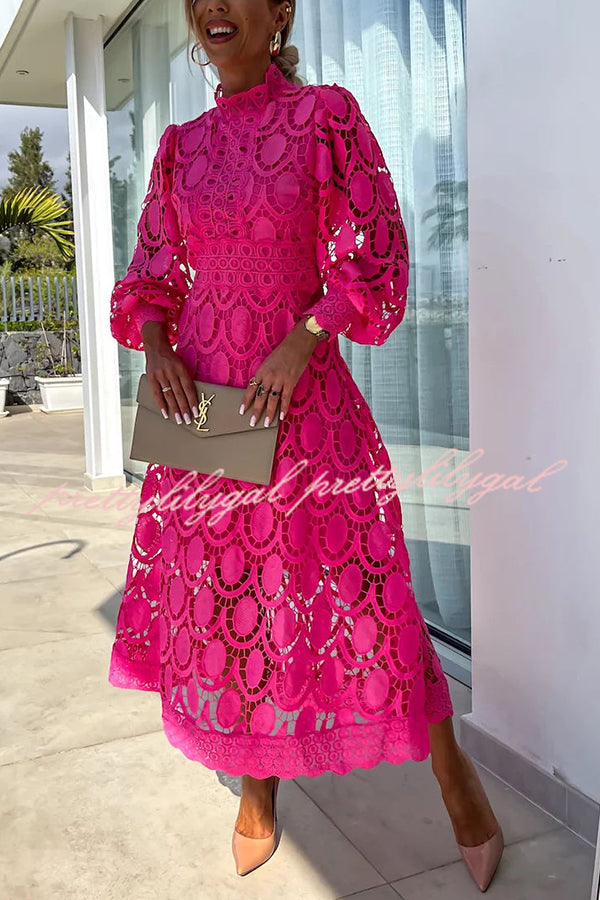 Vestido Helena – Midi de Renda de Crochê com Manga Lanterninha - Priya