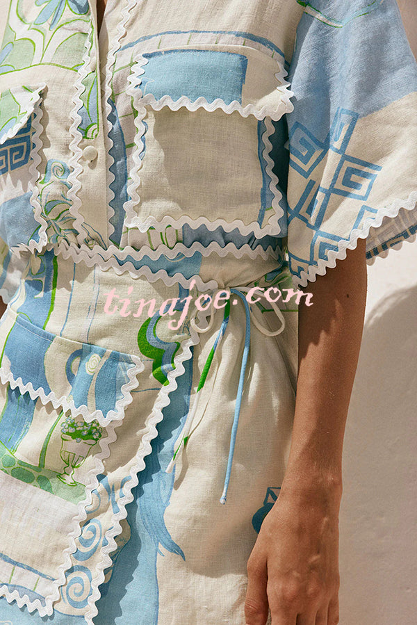 Conjunto Pierre – Camisa Estampada com Saia Envelope em Linho e Amarração Lateral - Priya