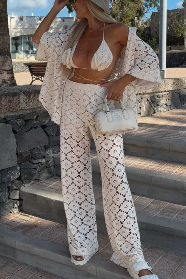 Conjunto Holiday – Camisa Rendada com Flores + Calça Pantalona com Cintura Elástica - Priya