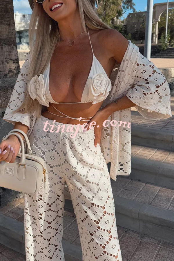 Conjunto Holiday – Camisa Rendada com Flores + Calça Pantalona com Cintura Elástica - Priya