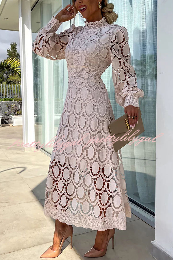 Vestido Helena – Midi de Renda de Crochê com Manga Lanterninha - Priya