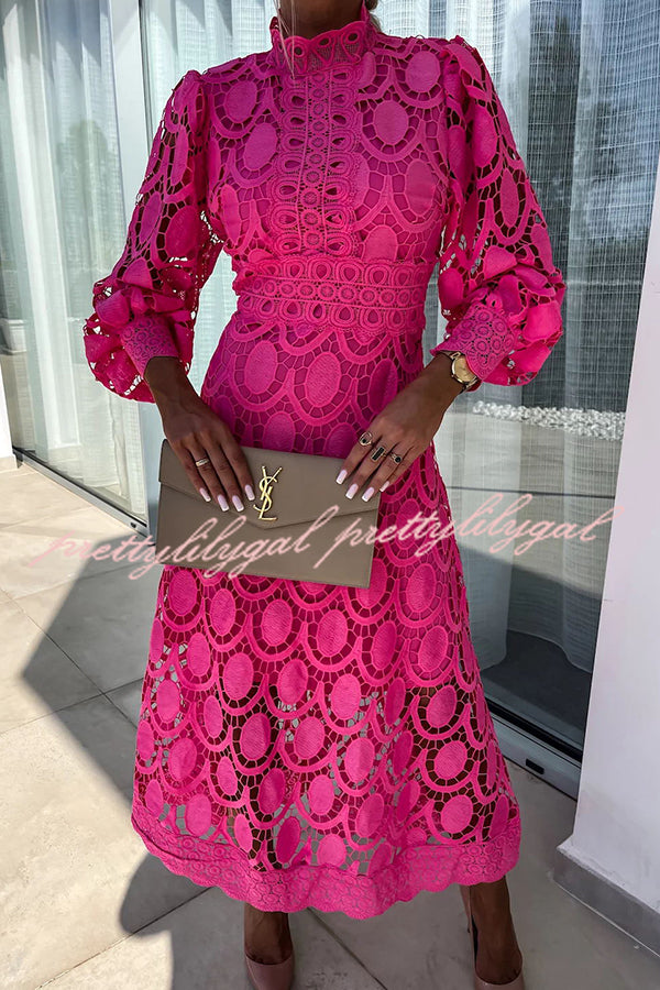 Vestido Helena – Midi de Renda de Crochê com Manga Lanterninha - Priya