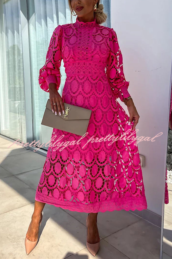 Vestido Helena – Midi de Renda de Crochê com Manga Lanterninha - Priya