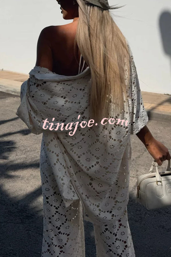 Conjunto Holiday – Camisa Rendada com Flores + Calça Pantalona com Cintura Elástica - Priya
