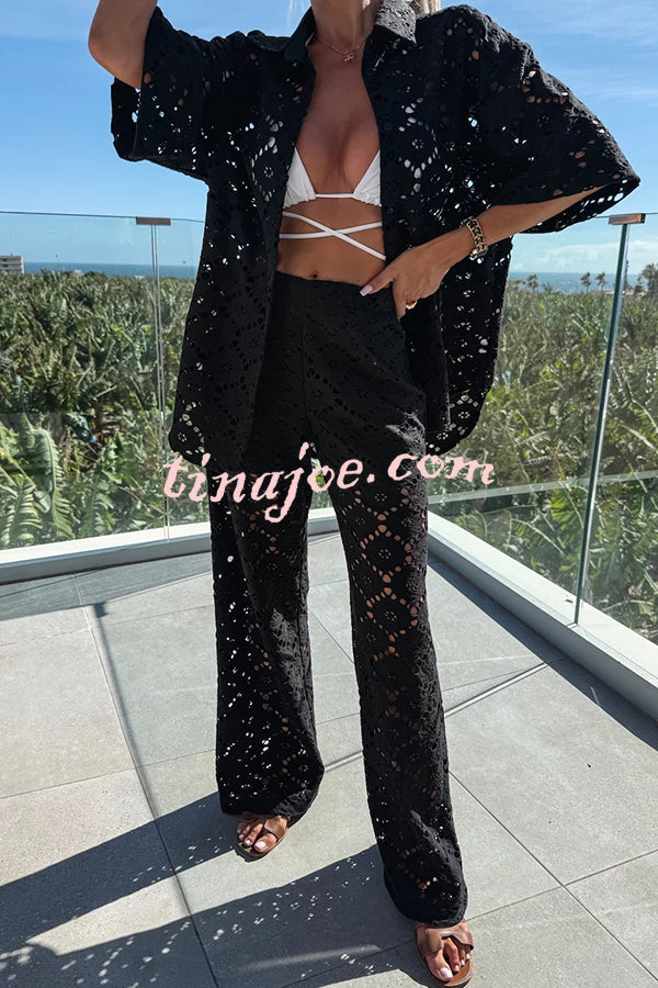Conjunto Holiday – Camisa Rendada com Flores + Calça Pantalona com Cintura Elástica - Priya