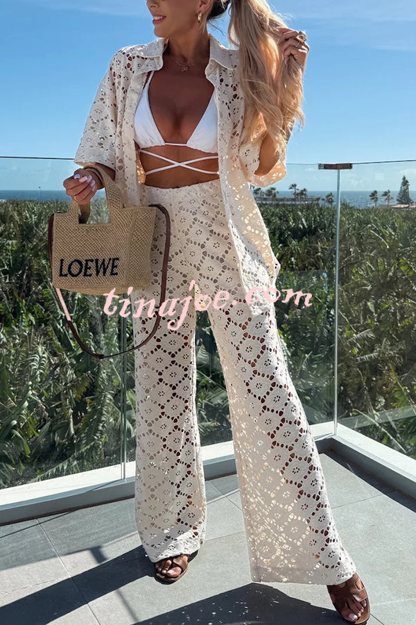 Conjunto Holiday – Camisa Rendada com Flores + Calça Pantalona com Cintura Elástica - Priya