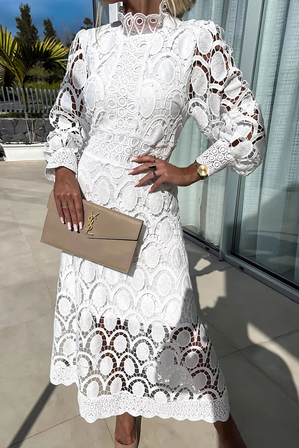 Vestido Helena – Midi de Renda de Crochê com Manga Lanterninha - Priya