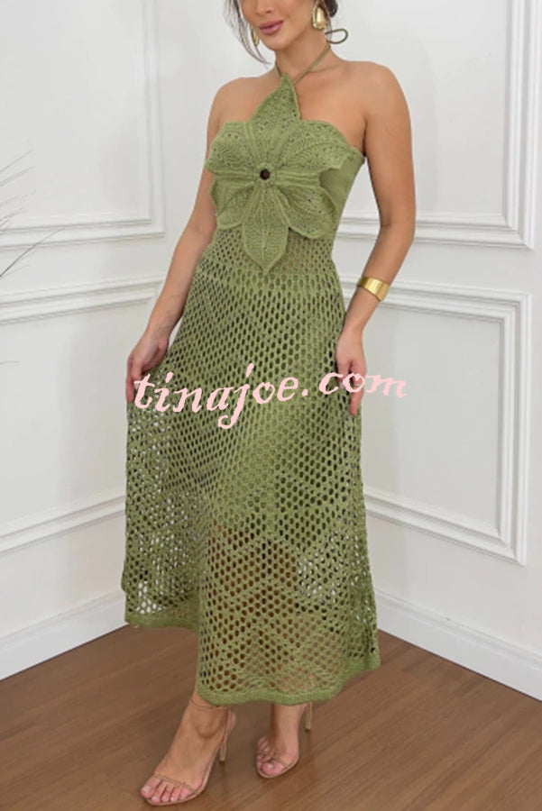 Vestido Iara – Maxi de Tricot Crochê com Design de Flor e Decote Halter - Priya