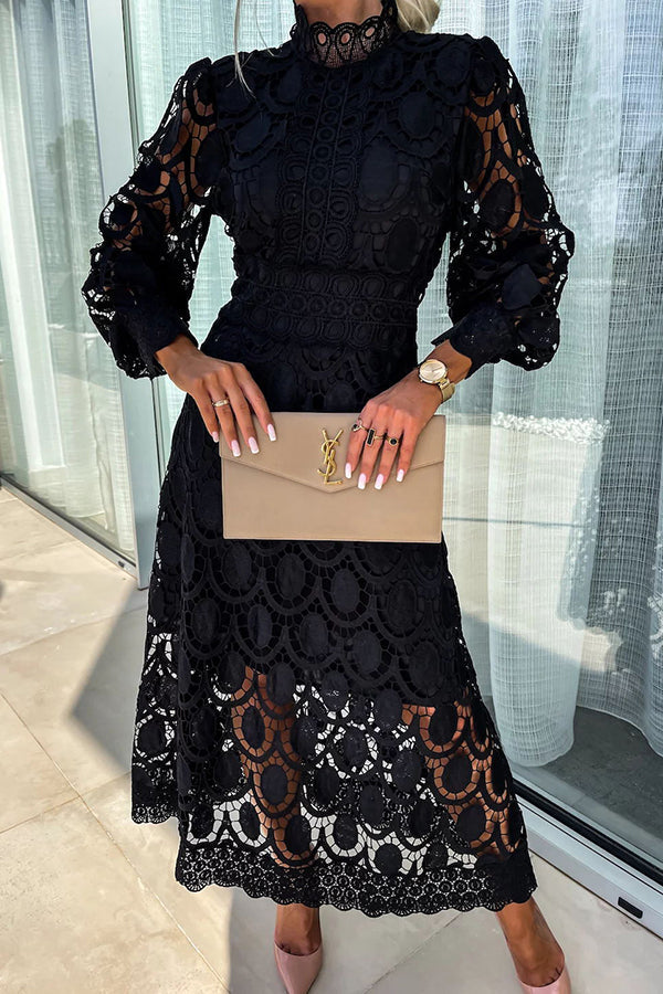 Vestido Helena – Midi de Renda de Crochê com Manga Lanterninha - Priya