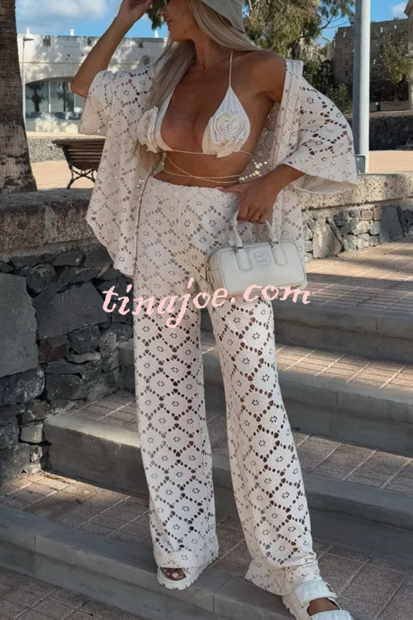 Conjunto Holiday – Camisa Rendada com Flores + Calça Pantalona com Cintura Elástica - Priya