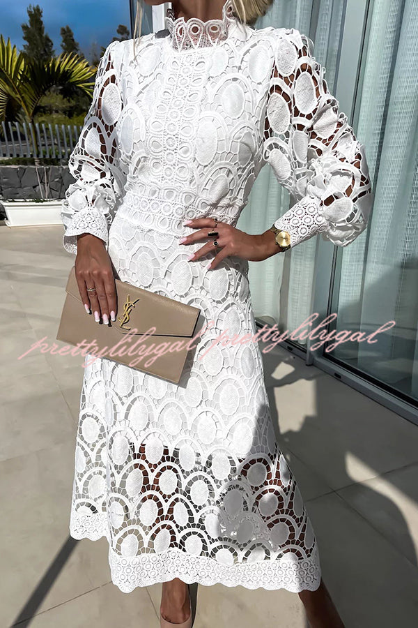 Vestido Helena – Midi de Renda de Crochê com Manga Lanterninha - Priya