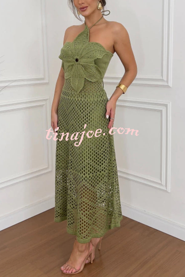 Vestido Iara – Maxi de Tricot Crochê com Design de Flor e Decote Halter - Priya