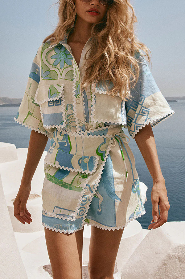 Conjunto Pierre – Camisa Estampada com Saia Envelope em Linho e Amarração Lateral - Priya