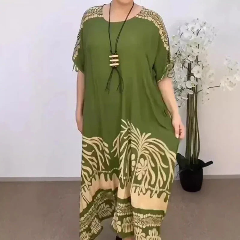 Vestido elegante com decote redondo, estampado e fluido, elástico - Priya