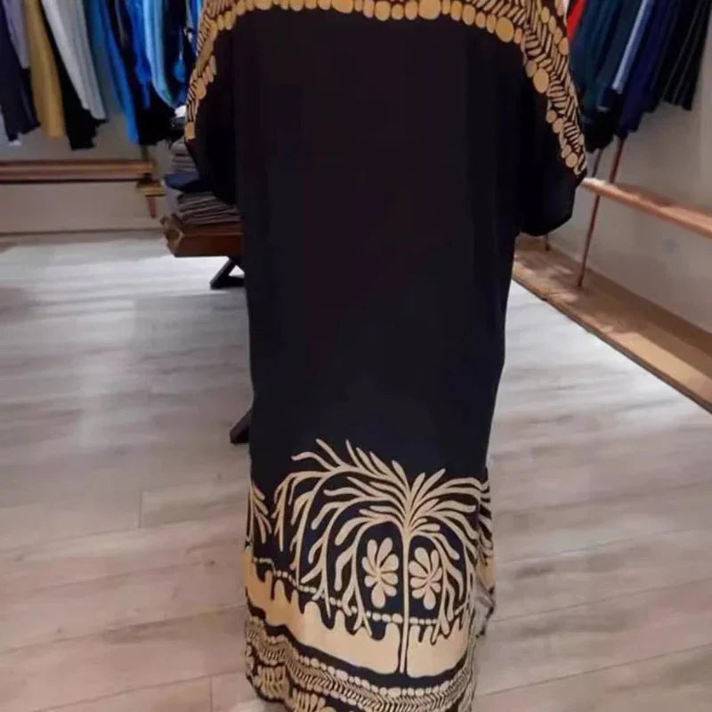 Vestido elegante com decote redondo, estampado e fluido, elástico - Priya