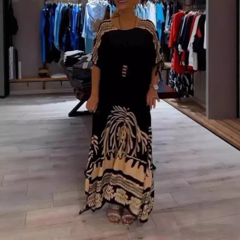 Vestido elegante com decote redondo, estampado e fluido, elástico - Priya