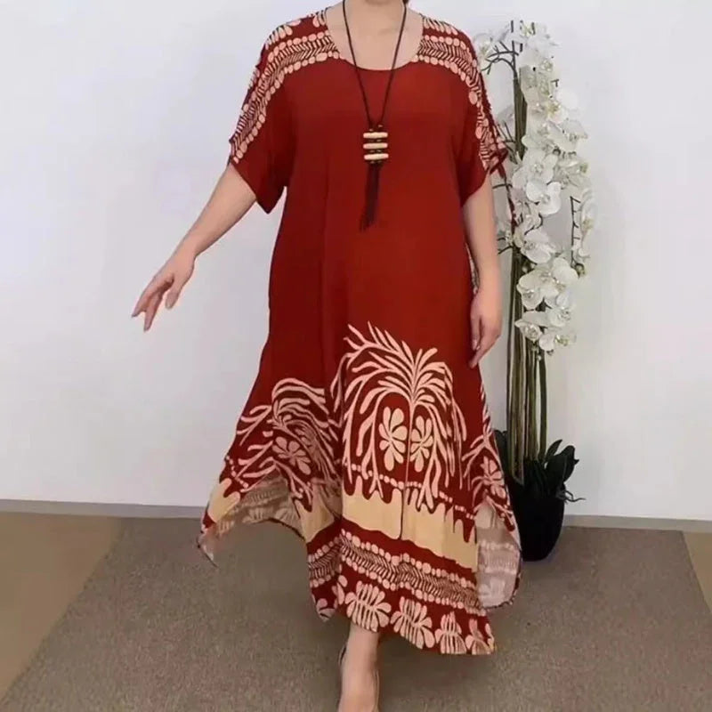Vestido elegante com decote redondo, estampado e fluido, elástico - Priya