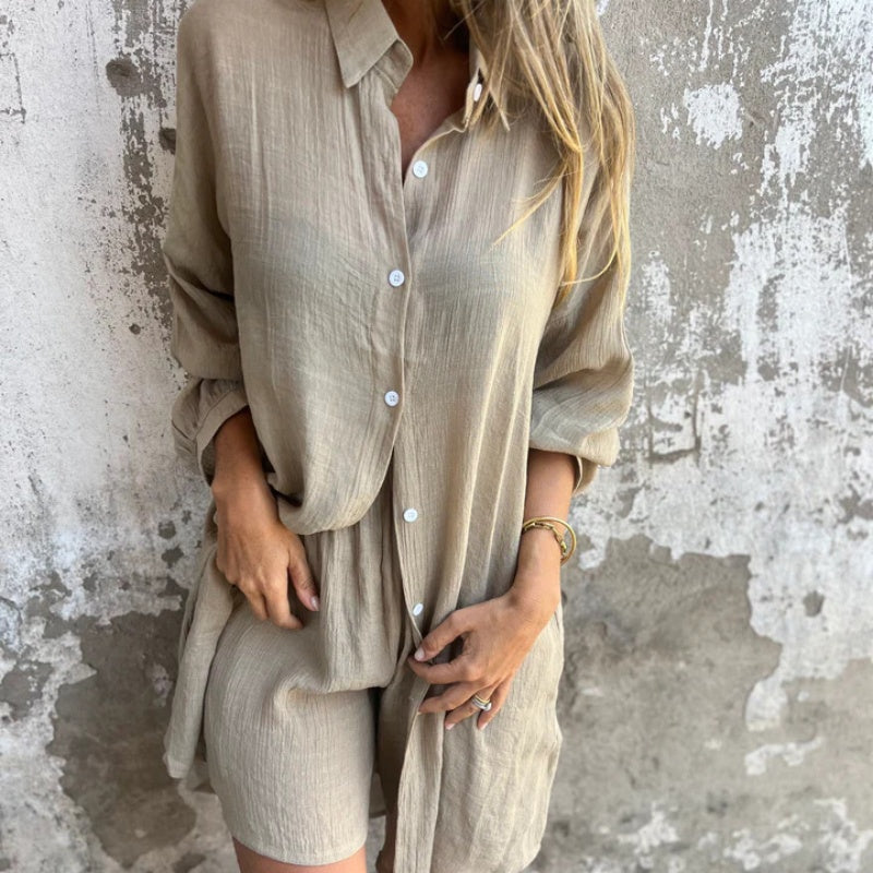 Conjunto Casual Esportivo Feminino – Camisa de Manga Longa + Shorts