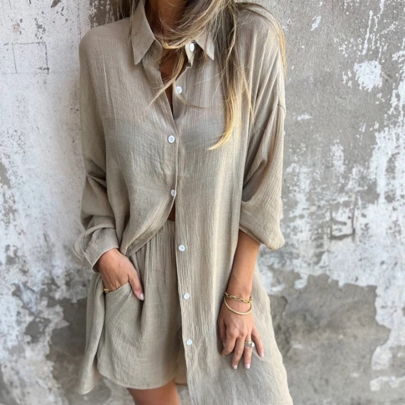 Conjunto Casual Esportivo Feminino – Camisa de Manga Longa + Shorts